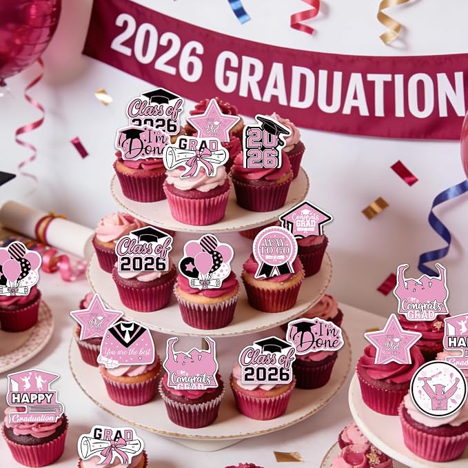 48pcs Edible 2026 Graduation Cupcake Toppers Wafer Paper Pink Class of 2026 Cake Decorations Edible Congrats Grad Cupcake Picks for 2026 Graduation Theme Party Cake Supplies