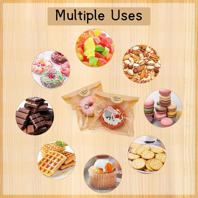 120 Pack Cookie Bags with Seal, 5.7x6.5 Inch Self Sealing Kraft Bakery Bags with Window, Heat Sealable & Grease Resistant To Go Sleeves for Donuts Scone Brownie Waffle Snacks