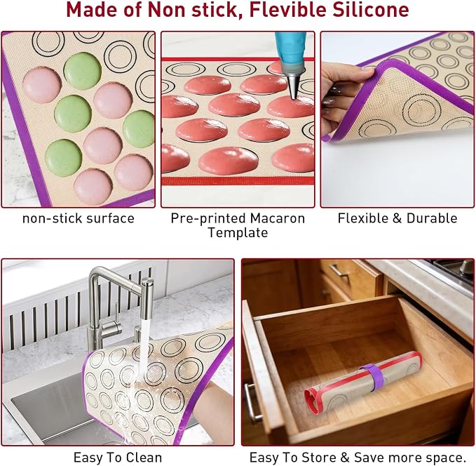 44 Pcs Macaron Silicone Baking Kits, Macaron Baking Supplies,2 Macaron Silicone Baking Mats,24 Piping Tips,4 Piping Bags,4 Cable Ties,4 Connectors,2 Brushes,2 Scrapers,and 2 Tapping Rings