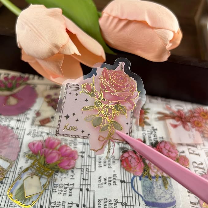 50 Pcs PET Transparent Gold Foil Flower Stickers, Waterproof Vinyl Floral Decals for Laptop Skateboard Luggage, Elegant Flower-Themed Stickers Gift for Teens Adults(Flower-sl)