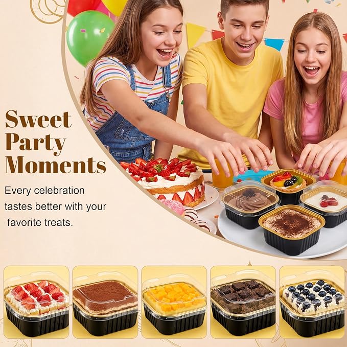 150 Pack 5 oz Black Gold Mini Cake Pans with Lid, Aluminum Foil Mini Baking Tins, Square Disposable Cupcake Baking Cup Dessert Container for Wedding Birthday Party Favors Picnic Supplies