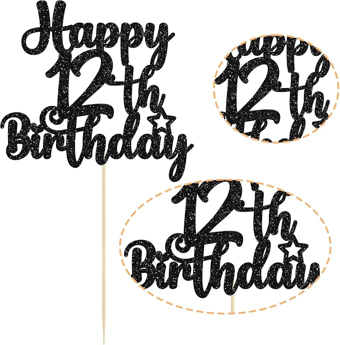 Gyufise 1Pc Happy 12th Birthday Cake Topper Glitter 12 & Fabulous Cheers to 12 Years Old Cake Pick for Celebrating 12th Birthday Anniversary Party Cake Decorations Supplies Black