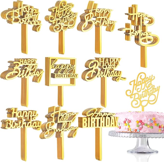 150 Pcs Happy Birthday Cake Toppers Acrylic Cake Topper Glitter Birthday Cake Decorations Double Sided for Adults Various Cake Decoration Party Supplies(Gold,Brief)