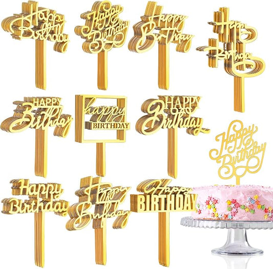 150 Pcs Happy Birthday Cake Toppers Acrylic Cake Topper Glitter Birthday Cake Decorations Double Sided for Adults Various Cake Decoration Party Supplies(Gold,Brief)