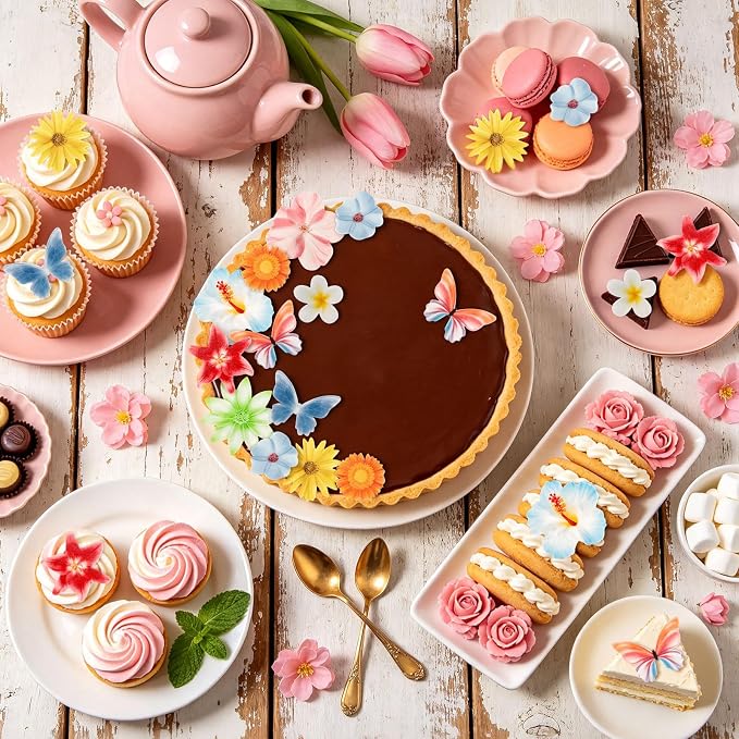 60PCS Edible Flowers and Butterfly Cake Decorations Edible Butterfly and Flowers Cake Topper Cupcake Toppers for Wedding Spring Tea Party Flower & Butterflies Themed Birthday Baby Shower