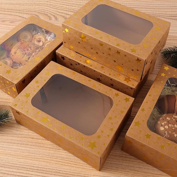 24 Pack Christmas Cookie Boxes,Gold Star Bakery Boxes with Window (9x6x3 Inch),Sturdy Pastry Boxes for Baked Goods,Treat Box for Holiday Gift Exchange, Cookie Tins with Lids for Gift Giving