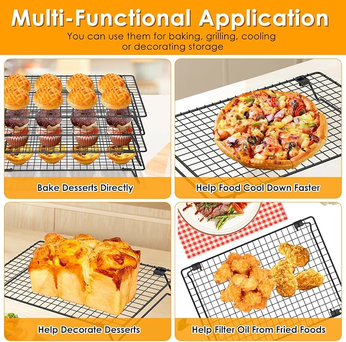 4 Pack Cooling Racks for Cooking and Baking, 13.4 x 9.4 Inch 4-Tier Stackable Cookie Cooling Rack Tall Baking Racks, Carbon Steel Roasting Wire Rack for Baking, Grilling Making Jerky (Black)