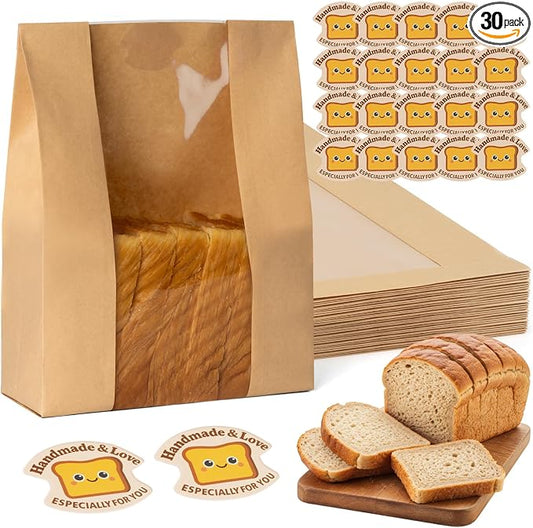 FUNFERY 30 Pcs Sourdough Bread Bags for Home Made Bread Sourdough,Large Paper Bags for Breads Gifting with Window&Cute Stickers,Loaf Bags for Bakery Packaging and Storage,Sourdough Starter Kit