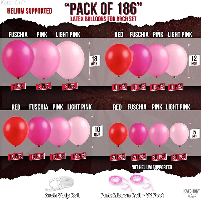 KatchOn, Pink and Red Balloon Arch Kit - Huge 18 Inch, Pack of 186 | Red and Pink Balloons for Galentines Decorations, Birthday, Bachelorette, Anniversary Decorations | Valentines Day Decorations