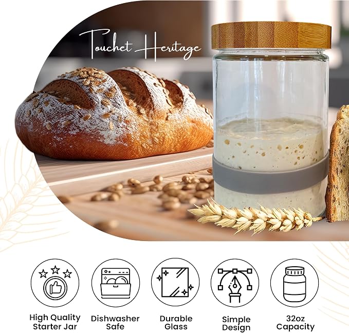 Sourdough Starter Jar (32oz) | Sourdough Starter Kit | Thick, Durable Glass w/Bamboo Lid | 6.5” x 4" | Wide Mouth Glass Jar for Sourdough with Wooden Spoon & Silicone Measuring Band