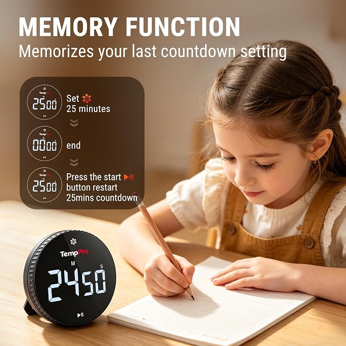 TempPro Digital Kitchen Timer, Magnetic Countdown Timer with Easy-Twist Knob, Loud Alarm & Silent Mode, Large LED Display, Cooking Timers for Classroom, Teachers, Kids & Seniors (Previously ThermoPro)