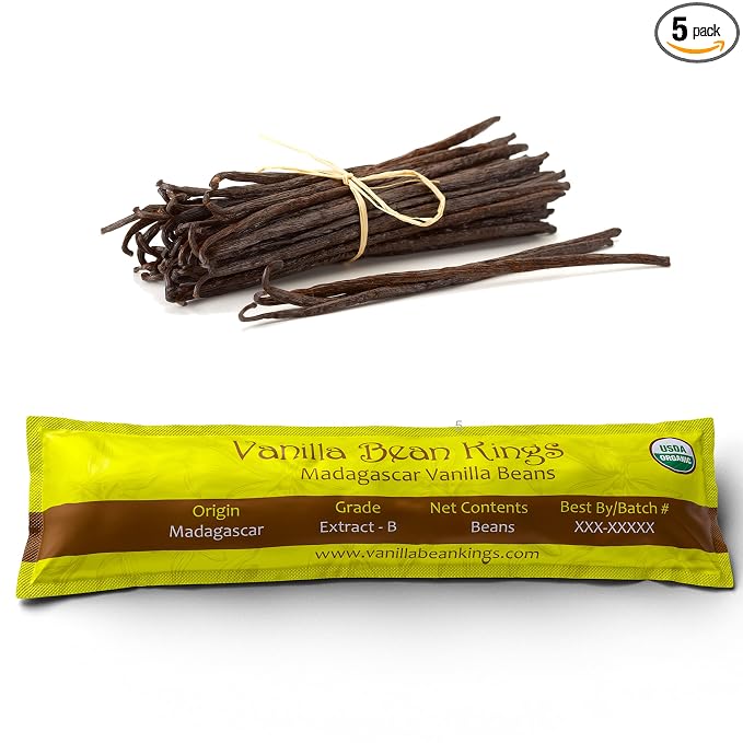 5 Organic Madagascar Vanilla Beans - Whole Grade B Pods for Baking Homemade Extract Brewing Coffee Cooking