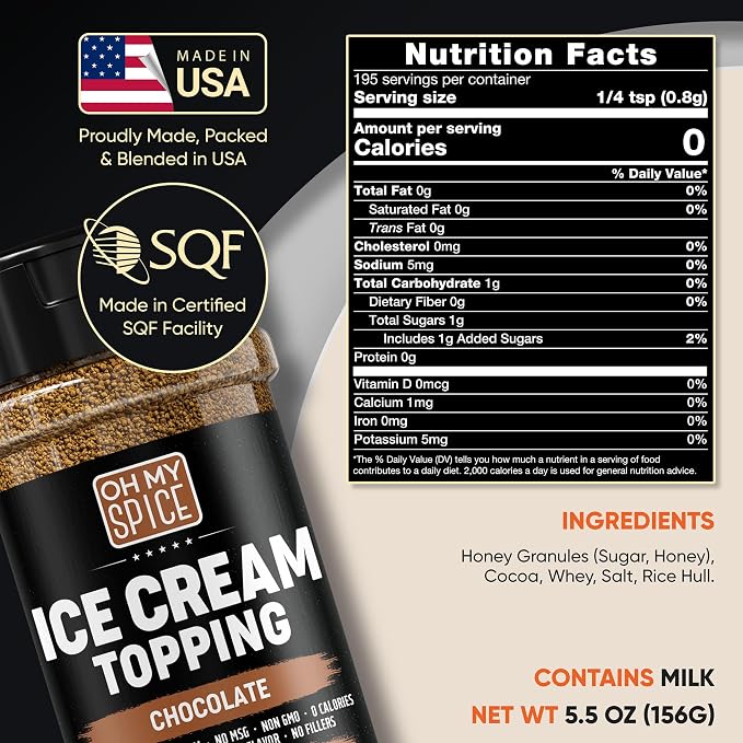 Ice Cream Topping Chocolate Powder Mix - Gluten Free & Low Sodium Cocoa Powder for Coffee Toppings. Sweet Cacao Topper Mix Seasoning Flavor for Oatmeal, Yogurt & Dessert. Chocolate for Coffee. 5.5oz