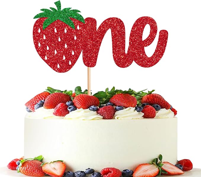1 Pack Strawberry One Cake Topper Red Glitter Strawberry 1st Birthday Cake Pick for Fruit Theme Baby Shower Kids Birthday Party Strawberry Party Cake Decorations Supplies