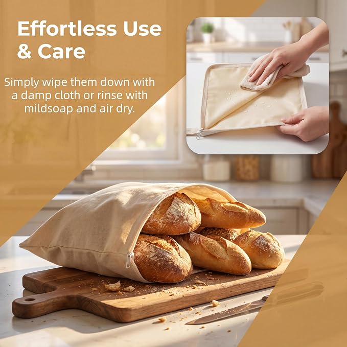 Beeswax Bread Bags for Sourdough, Reusable Linen Cotton Bread Storage Bags with L-Shaped Wide Zipper, Keeps Homemade Bread Fresh Naturally, 2 Pack XL 17"x13"