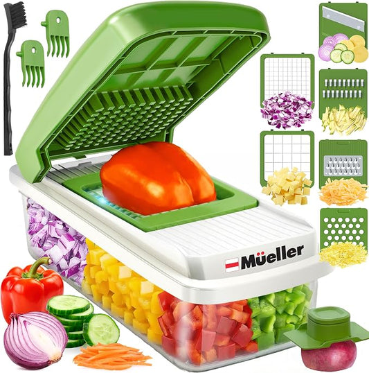 Mueller Vegetable Chopper, Mandoline Slicer, Food Veggie Chopper, Cheese Grater, Onion Vegetable Cutter with Container, Dicer, Kitchen Gadgets & Essentials, White Sand/Green