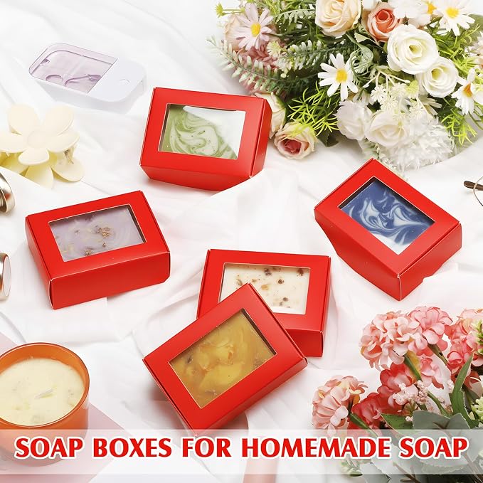 Zonon 30 Pcs Soap Boxes for Homemade Packaging, Mini Kraft Boxes with Window for Bakery Candy Soap Making Gift Packaging, 3.7x2.6x1.4 Inch (Red)