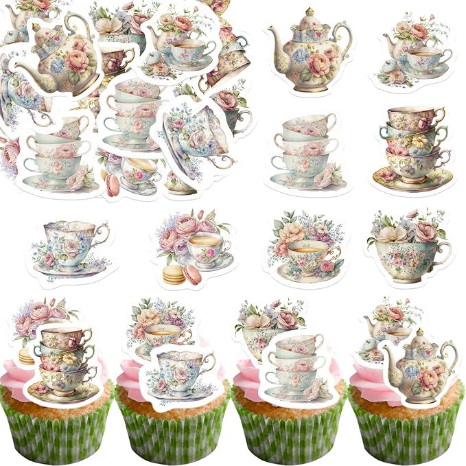 45PCS Edible Tea Party Cupcake Toppers Wafer Paper Teapot Teacup Cupcake Toppers Floral Tea Time Cake Picks Afternoon Tea Decorations for Tea Party Theme Baby Shower Decor Supplies
