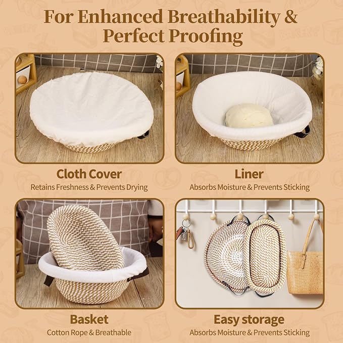 Sourdough Starter Kit with Round & Oval Banneton Bread Proofing Basket Set | Bread Sling, Starter Jar Kit, Dough Whisk, Metal Scrapers, Complete Sourdough Bread Baking Supplies, Gifts for Bakers