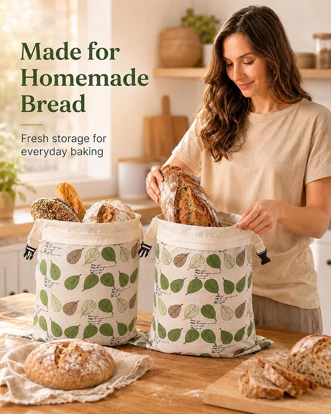 Beeswax Bread Bag for Homemade Bread, Sourdough Bread Bags with Zipper, 2 Pack XL 13"x17" Natural Beeswax Lined Cotton Bread Storage Bags, Freezer Safe, Keep Fresh