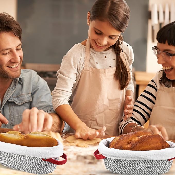 Gejoy 4 Pcs 10 Inch Cotton Rope Banneton Bread Proofing Basket Set Oval Bread Baskets with Liners & Covers Proofing Baskets for Sourdough Baking with 4 Strickle for Home Bakers Wife Mom(Grey, White)