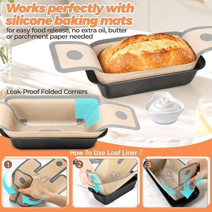HOTEC Bread Loaf Pan with Liner Set of 4, Nonstick Bread Pans for Homemade Bread with Silicone Bread Sling Liners for Easy Release, Even Heat Distribution Bakeware for Meatloaf Lasagna Cake