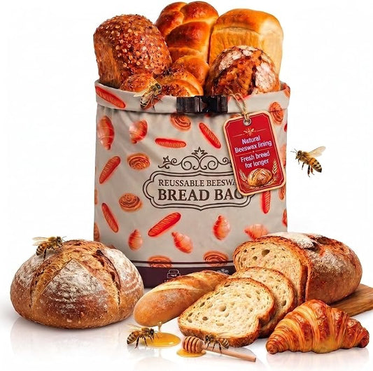 Beeswax Bread Bag 1 Pack, Reusable Linen Bread Bags for Homemade Bread, Extra Large Sourdough Bread Storage Bag, Natural Beeswax Lining Keeps Loaves Fresh Longer, Eco Friendly