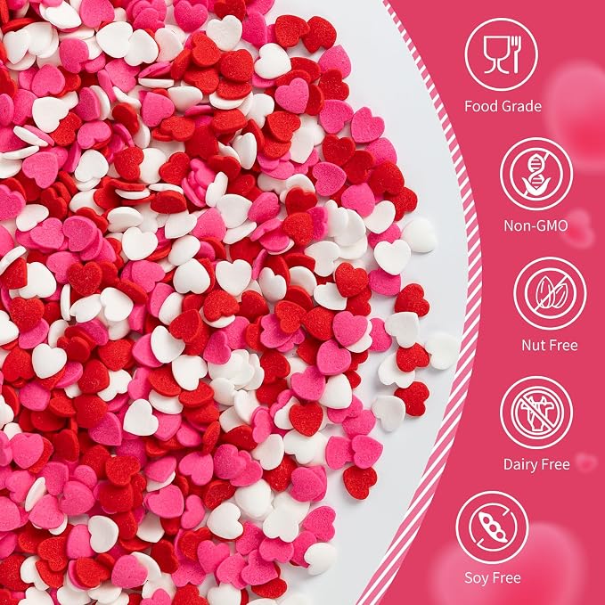 Edible Heart Sprinkles for Cake Decorating,130g,Edible Red Pink White Heart Shapes Sprinkle Mix,Sugar Sprinkles for Decorations Baking,Cake Ice Cream Cookie Cupcake Chocolate Topper,Birthday Wedding Party Supplie