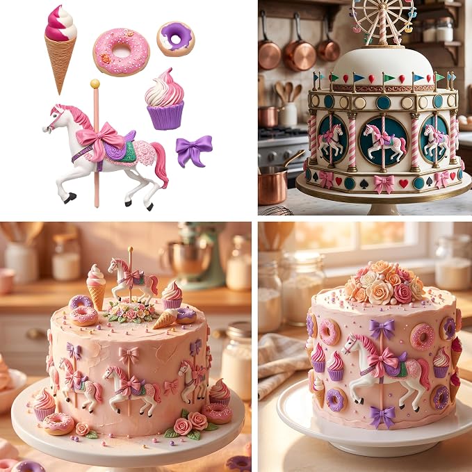 Carousel Horse Fondant Molds Ice Cream Doughnut Silicone Chocolate Molds for Cake Decorating Cupcake Topper Candy Gum Paste Polymer Clay