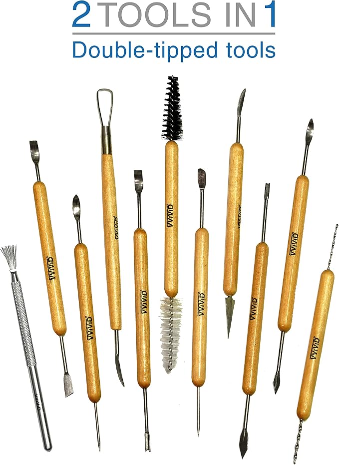 VViViD Sculpt Double-Ended 11-Piece Steel Tipped Wooden Handle Pottery & Clay Sculpting Hand Tool Kit