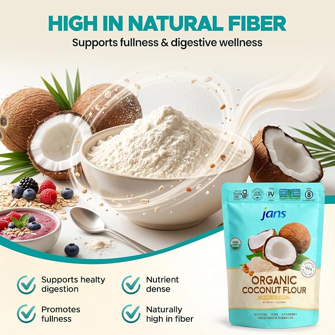 Jans Organic Coconut Flour, 1.1 lb – Gluten Free Coconut Flour, Keto & Paleo Friendly, High Fiber Low Carb Baking Flour Substitute, USDA Organic, Unbleached & Unrefined, Vegan