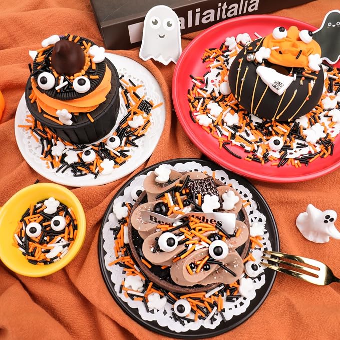 Halloween Sprinkles, Edible Candy Eyes Ghost Mix Halloween Cake Decorations, 4.6oz Black White Orange Jimmies Sprinkles for Cake Decorating