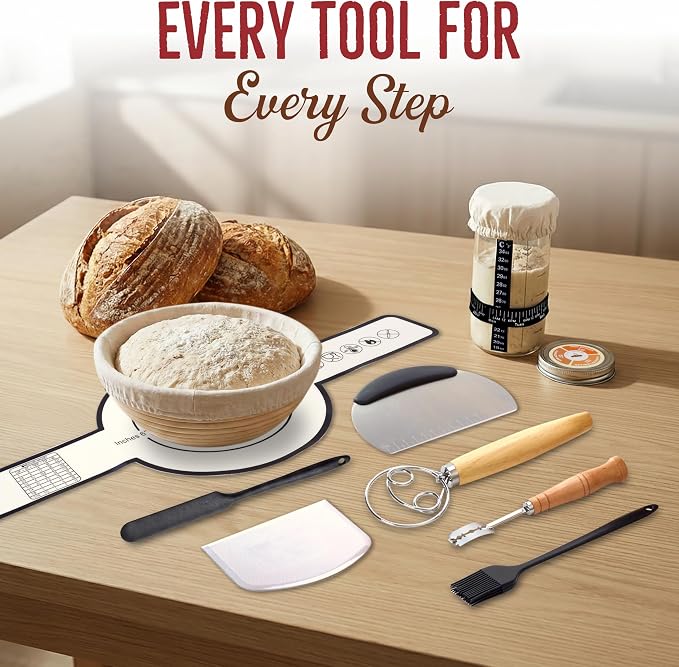 Sourdough Starter Kit with 9" Banneton Basket, 14 Piece Breads Making Set, 24oz Glass Jar, Dough Whisk, Bread Lame with Blades, Silicone Sling & Recipe Book, Complete Sourdough Bread Baking Supplies