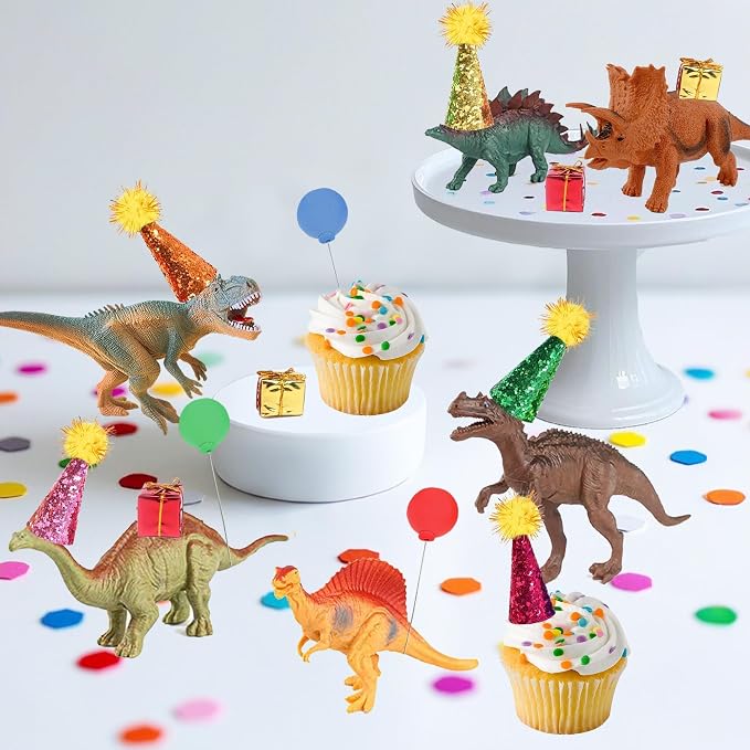Dinosaur Cake Toppers with Mini Birthday Party Hat Color Balls Cake Decorations for Dinosaur Themed Baby Shower Birthday Party Supplies (Dinosaur)