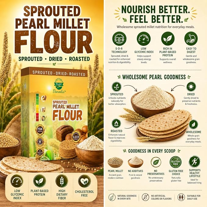 Danodia Foods Organic Sprouted Bajra Pearl Millet Flour, 2 lb Pack | Roasted bajra atta for roti, bhakri, porridge, flatbread and baking; Gluten-Free; US pantry staple; Indian pantry recipes