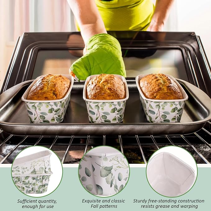 Hushee 50 Set Eucalyptus Paper Loaf Pans with Bags & Ties, 6.3x2.2x2.2 Disposable Mini Bread Baking Molds Rectangle Greaseproof Cake Liners for Gifts Wrapping Wedding Favors Sourdough Banana Bread