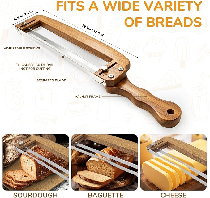 Adjustable Bread Slicer, Wooden Bread Knife for Homemade Sourdough, Ambidextrous Sharp Serrated Stainless Steel Blade, Thickness Guide for Baguettes, Bagels & Sourdough, Ideal Gift for Bakers