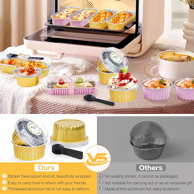 30Pcs Mini Cake Pans with Lids Aluminum Foil, ZOXILEN 5oz Disposable Mini Loaf pans with Lids Spoons, Round Small Baking Cups Pie Tins Cheesecake Containers for Party Gold