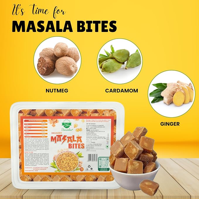 Danodia Foods Masala Jaggery Bites, Cane Gur Sweetener, 1 lb, Pantry Snack | Snackable spiced gur pieces and cane sweetener for chai, tea, coffee, desserts and pantry use; no preservatives used; recipes