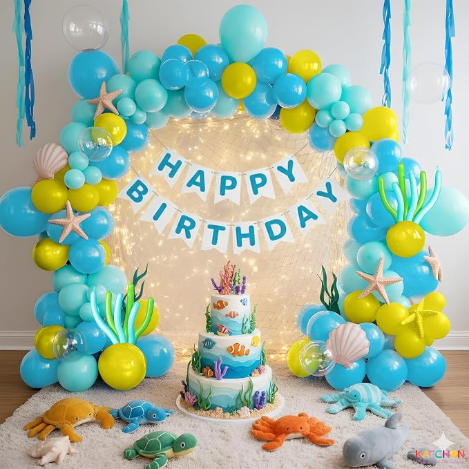 KatchOn, Huge Blue Teal Yellow Balloons Arch Kit - Pack of 117 | Sponge Birthday Decorations, Ocean Themed Party Balloons Arch Kit | Beach Party Decorations, Under The Sea Party, Summer Birthday