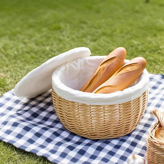 Wicker Bread Basket Serving with Lid & Removable Lining, Sourdough Proofing Basket,Eco-friendly Bread Storage basket Ideal for Picnics & Dining(Round)