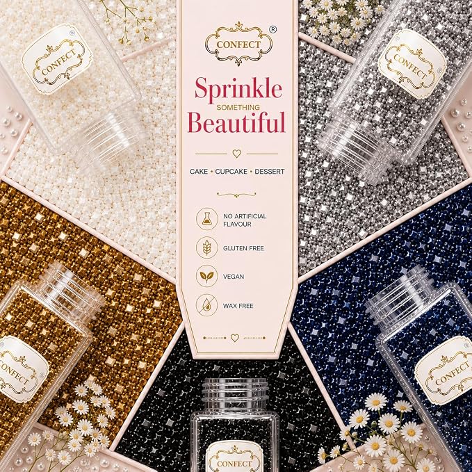 Confect- Funky Disco Sparkling Sugar Sprinkle Mix – 5-Pack Assorted Edible Sugar Crystals in White, Champagne Gold, Black, Bright Blue & Silver – Cake, Cupcake & Cookie Decorating Toppings –Vegan, Gluten-Free, Nut-Free, Soy-Free, Dairy-Free, Palm Oil-F...