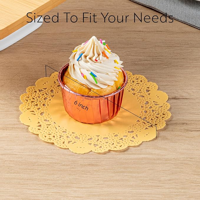 Pastry Tek 6 x 6 Inch Paper Lace Doilies, 100 Disposable Table Doilies - Elegant Lace Finish, Long Lasting, Orange Paper Doily, for Pastries, Cupcakes, Desserts - Restaurantware