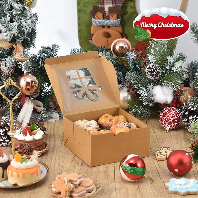 COTOPHER 30Pcs Christmas Cookie Boxes With Window, 6x6x3 Inch Brown Bakery Box for Gift Giving, XMAS Treat Holiday Pastries Box for Cakes Muffins Donuts Chocolate Strawberries