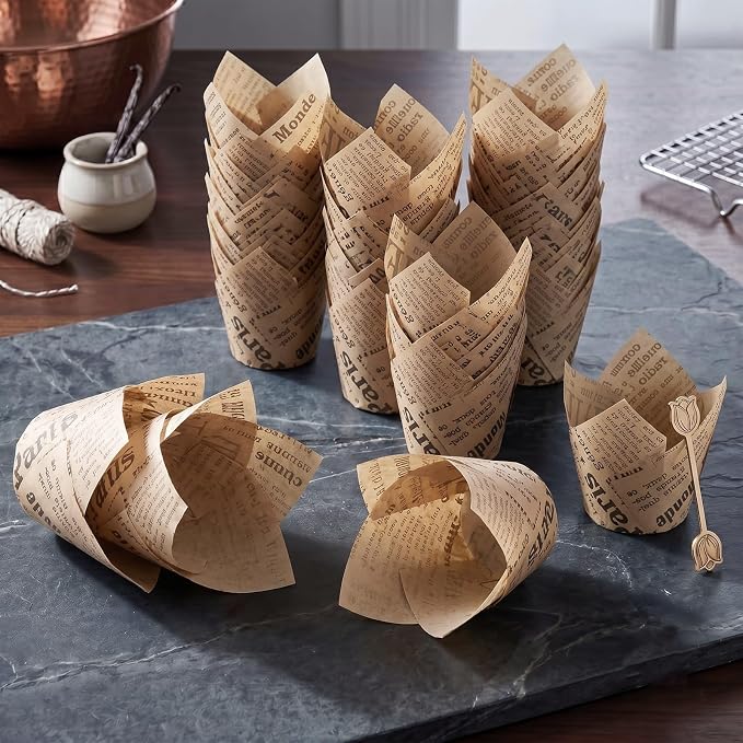 200 Pcs Newspaper Tulip Cupcake Liners for Baking, Natural Color | Standard Greaseproof Tulip Muffin Liners for Baking, 3oz Newspaper Paper Cupcake Wrappers for Party Wedding Birthday