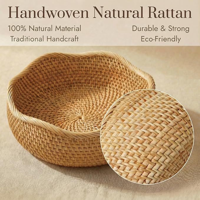 YANGQIHOME Rattan Bread Basket, Round Fruit Baskets, Wicker Storage Bowls, Natural Woven Serving Basket Bowls, Decorative Baskets for Kitchen Counter Organizing (Natural L)