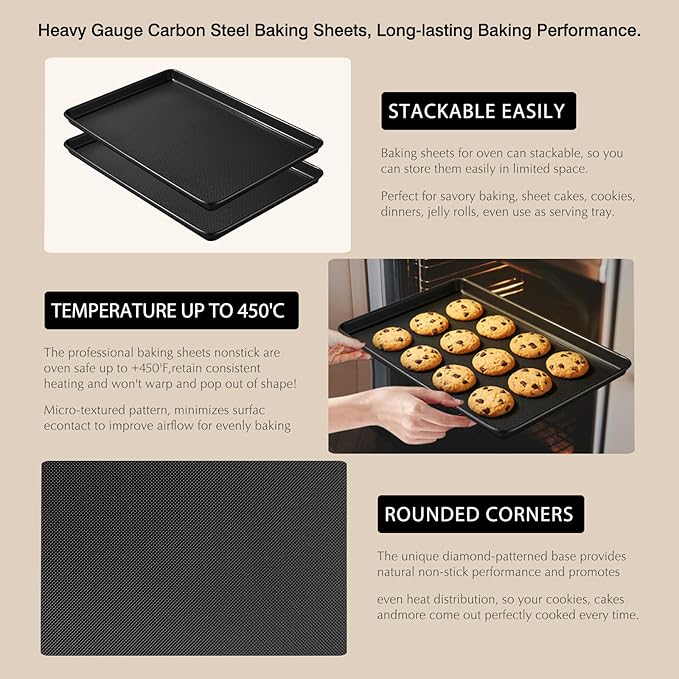 GIUOIDUO 2-Pack Commercial & Home Baking Sheet Pans - Heavy Duty Nonstick Carbon Steel Cookie Trays, Warp-Resistant Oven Pans for Baking, Roasting & Sheet Pan Meals (17.5x11.8 Inch)