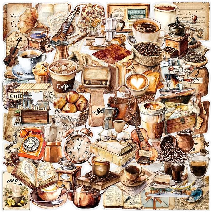 100 Pcs PET Transparent Vintage Coffee Stickers, Waterproof Vinyl Retro Coffee-Themed Decals for Laptop Skateboard Luggage, Watercolor Coffee & Daily Life Stickers Gift for Teens Adults(Retro coffees)