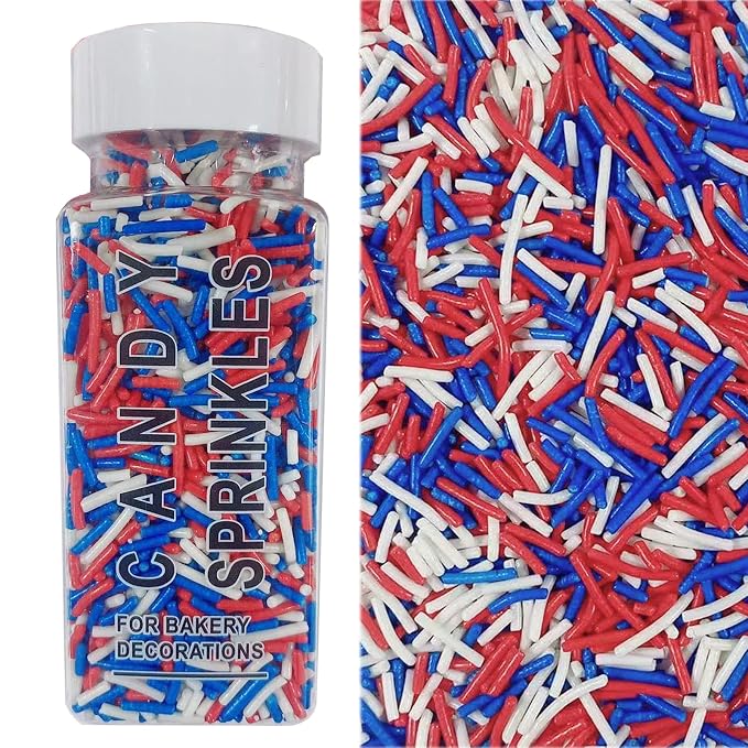 Sentovac Patriotic Jimmies Sprinkles Edible for Cake Decorating 4th of July Red White and Blue Sprinkles Sugar Candy Cookie Cupcake Topper Ice Cream Baking Decorations Supplies 3.35oz