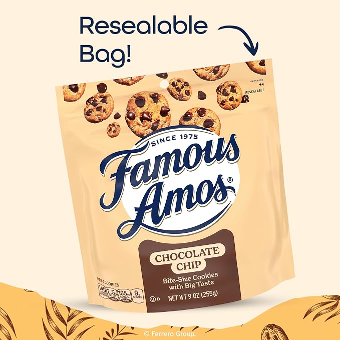 Famous Amos Classic Chocolate Chip Cookies, Bite-size cookies, Great for Sharing, Resealable Bag, Sweet Treats, 8 Pack Box, 9 oz